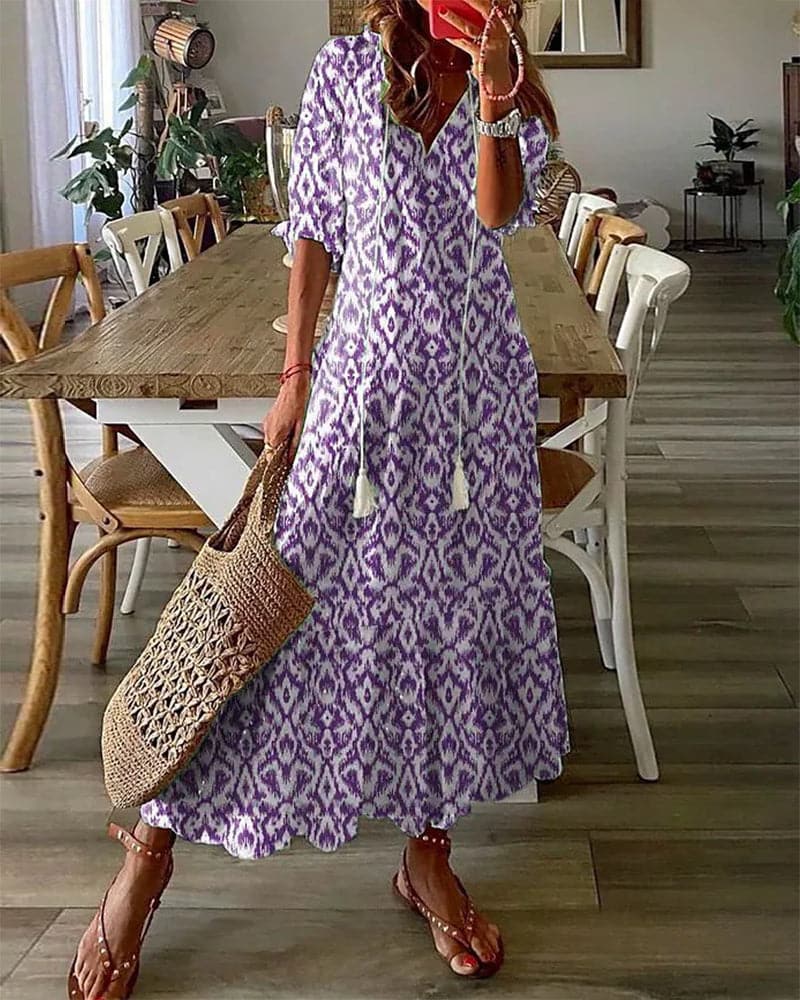 Relaxed Fit V-Neck Maxi Dress with Short Sleeves