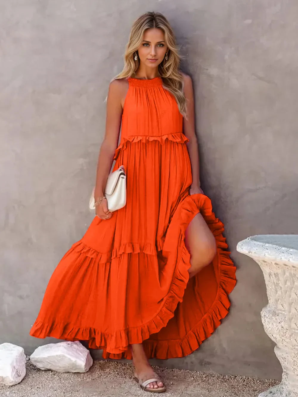Flowy Strapless Layered Maxi Dress with Pockets