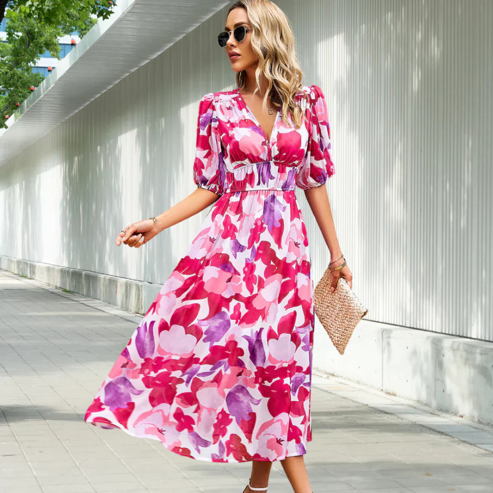 Elegant V Neck Ladies Summer Dress with Puffy Sleeves
