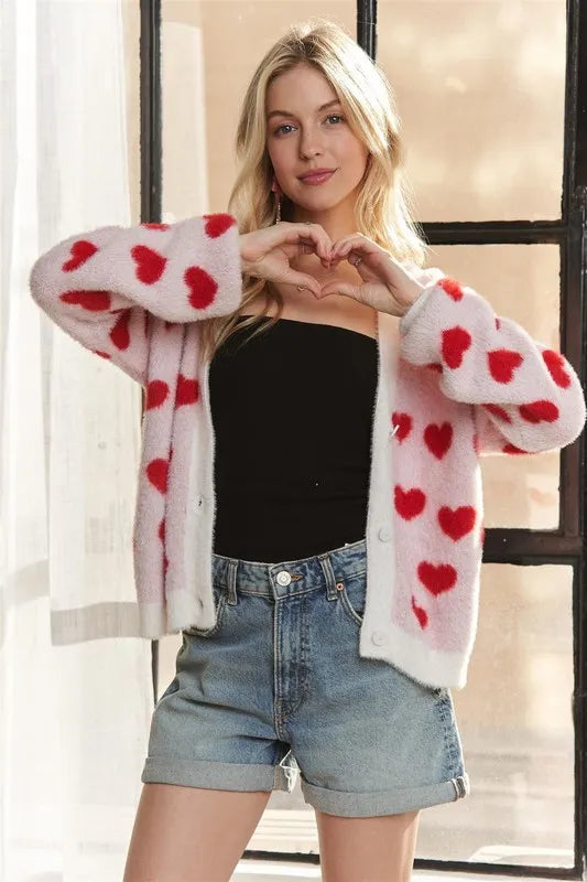 Cozy Soft Heart Pattern Cardigan - EasyApparels