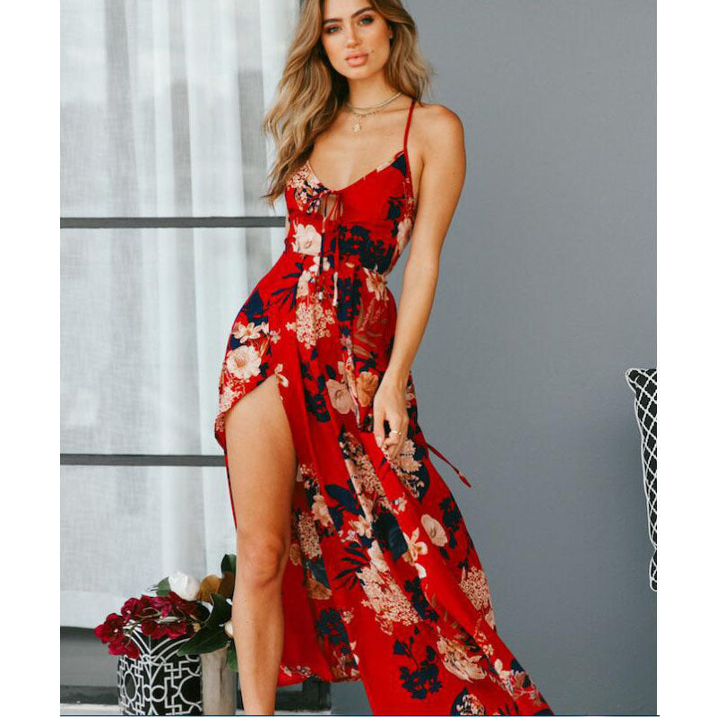 Loose Fit Women's Maxi Dress with Thin Straps Floral Print