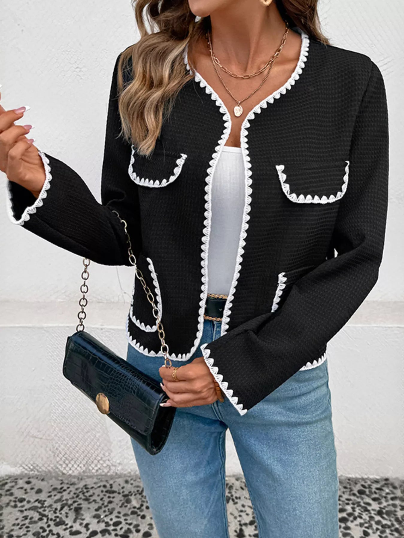 Bold Detail Open Front Coat - EasyApparels