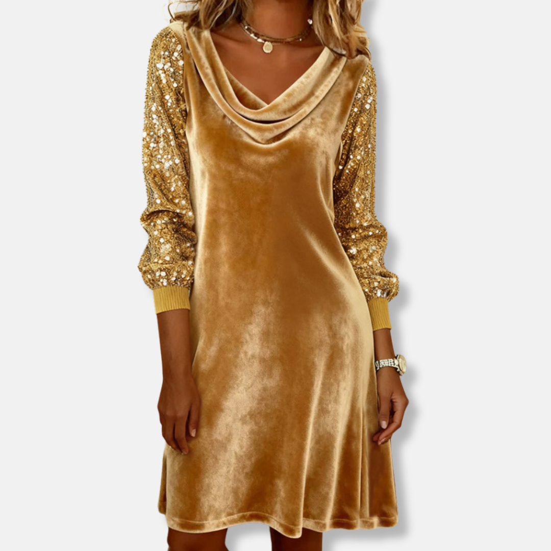 Simple Cowl Neck Glitter Dress - EasyApparels