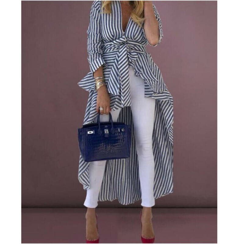 Chic V-Neck Striped Blouse with Waist Tie - EasyApparels