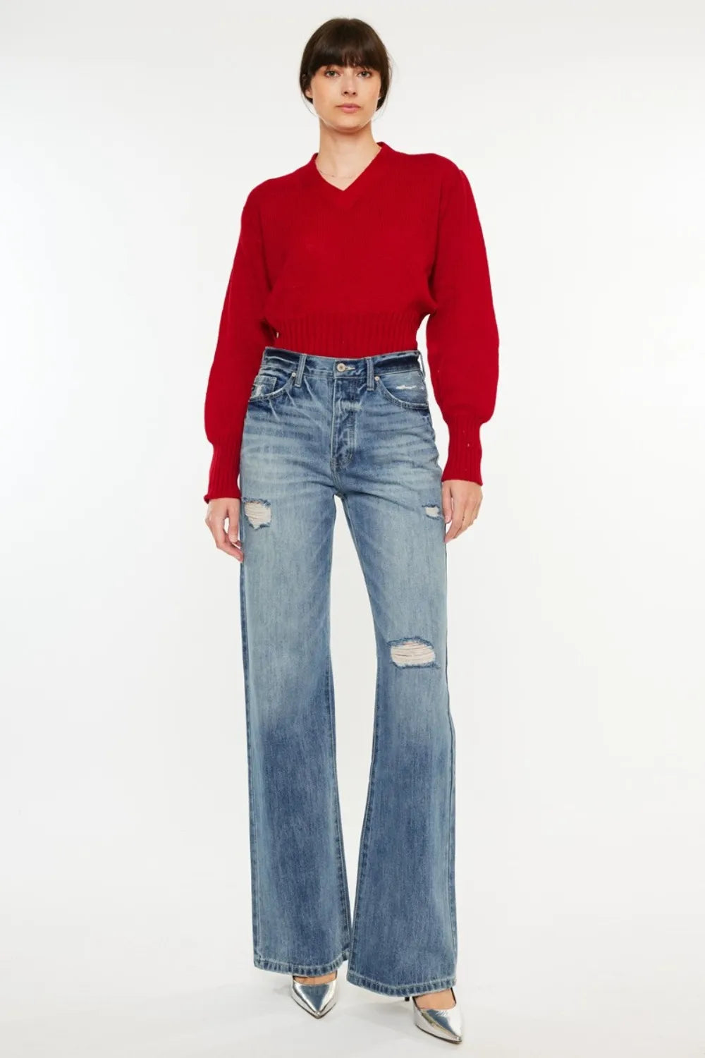 Ripped High Waisted Flare Leg Jeans - EasyApparels