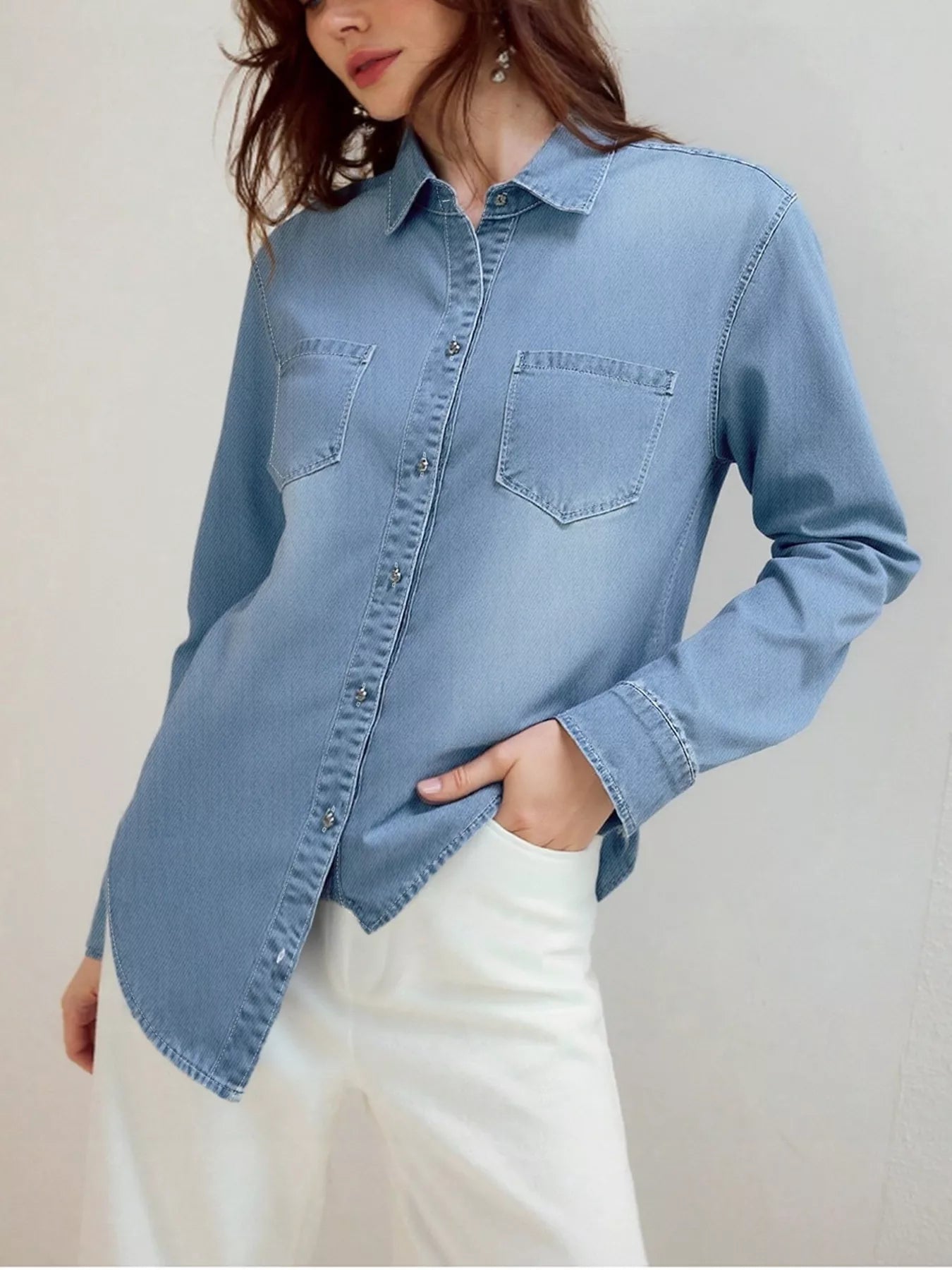 Relaxed Fit Large Denim Button Down Shirt - EasyApparels
