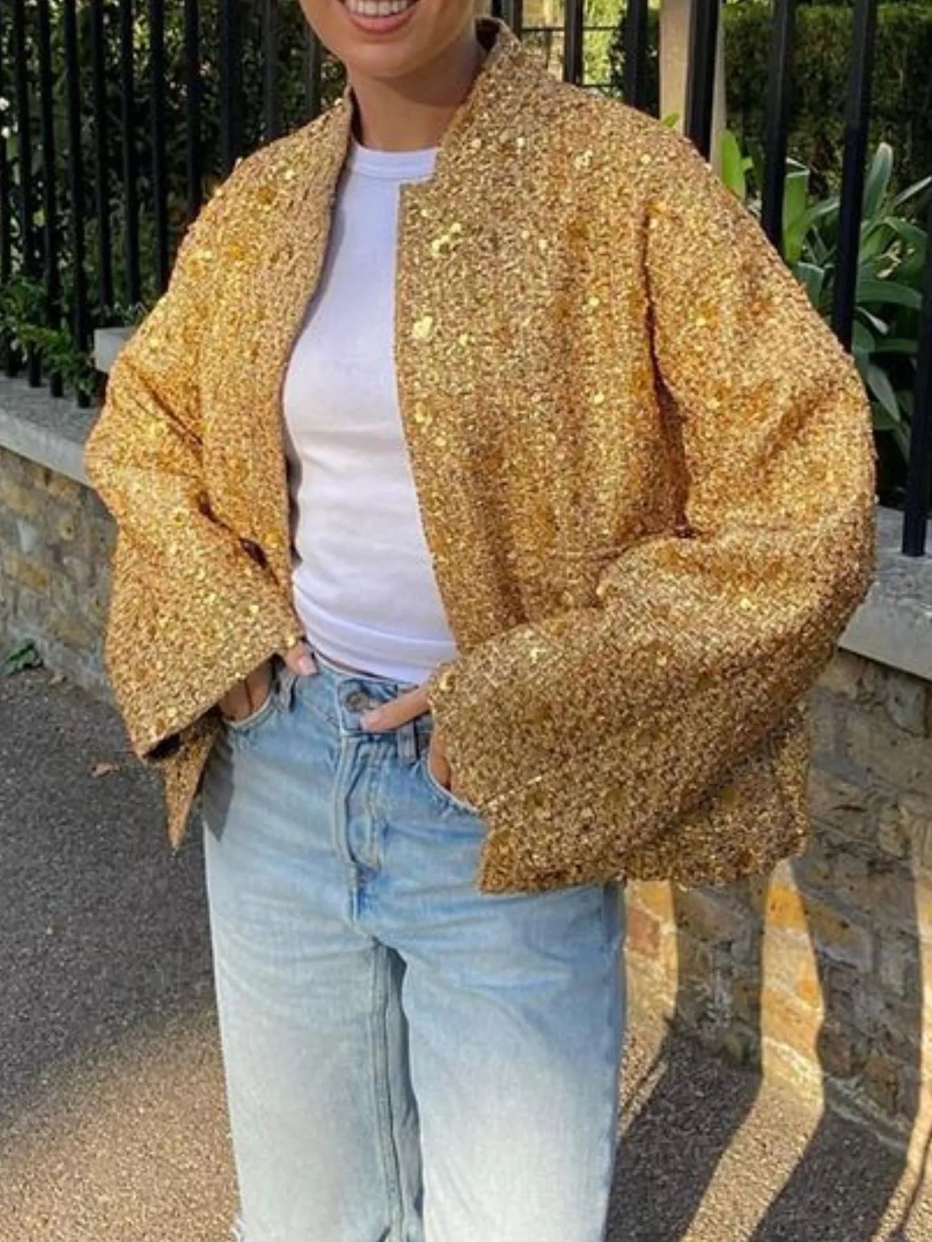 Glittering Long Sleeve Coat with Pockets - EasyApparels