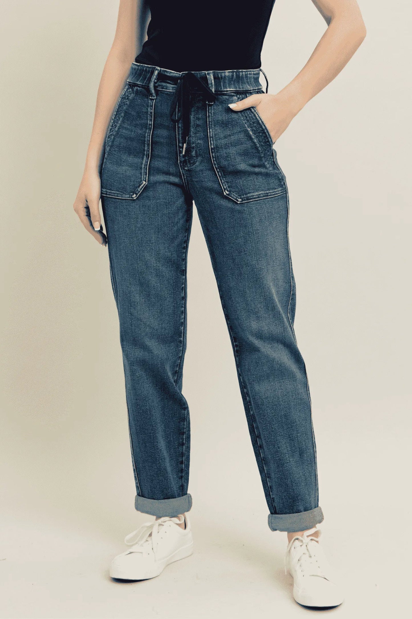 Comfortable Plus Size Distressed Denim Drawstring Jeans - EasyApparels