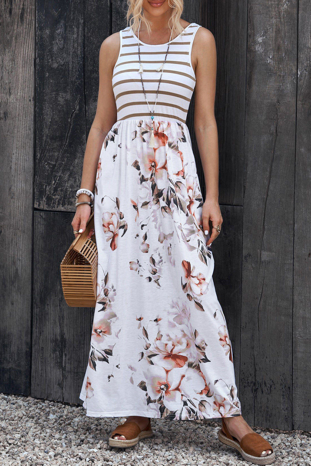 Colorful Print V Neck Tank Maxi Dress - EasyApparels