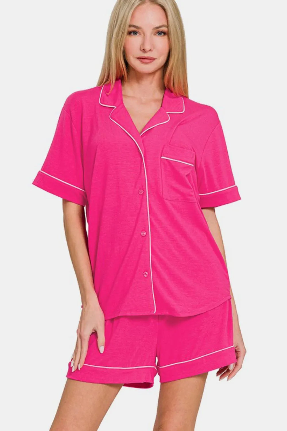 Comfortable Button Front Short Sleeve Lounge Set - EasyApparels