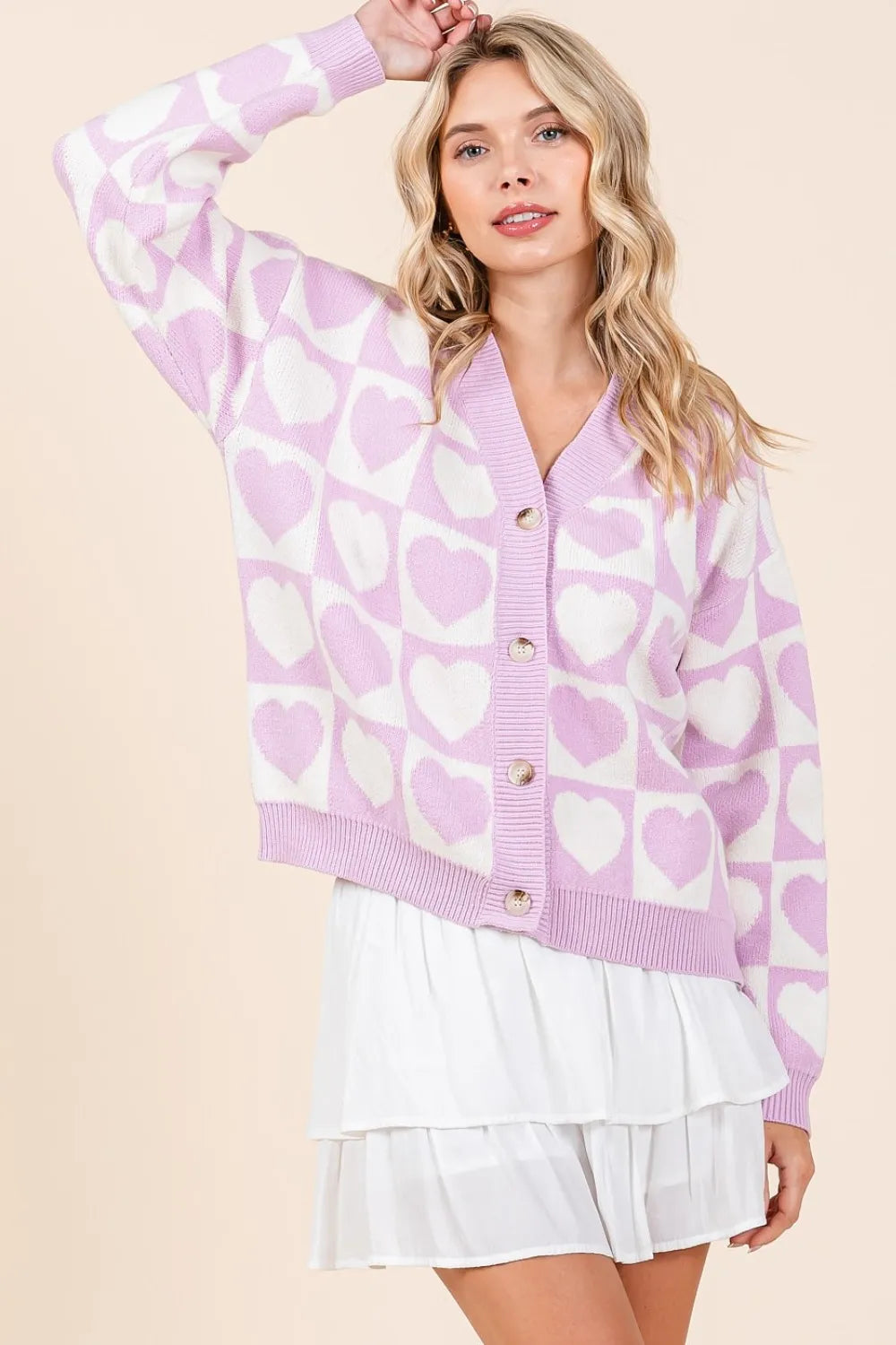 Casual Plaid Heart Button Front Sweater - EasyApparels