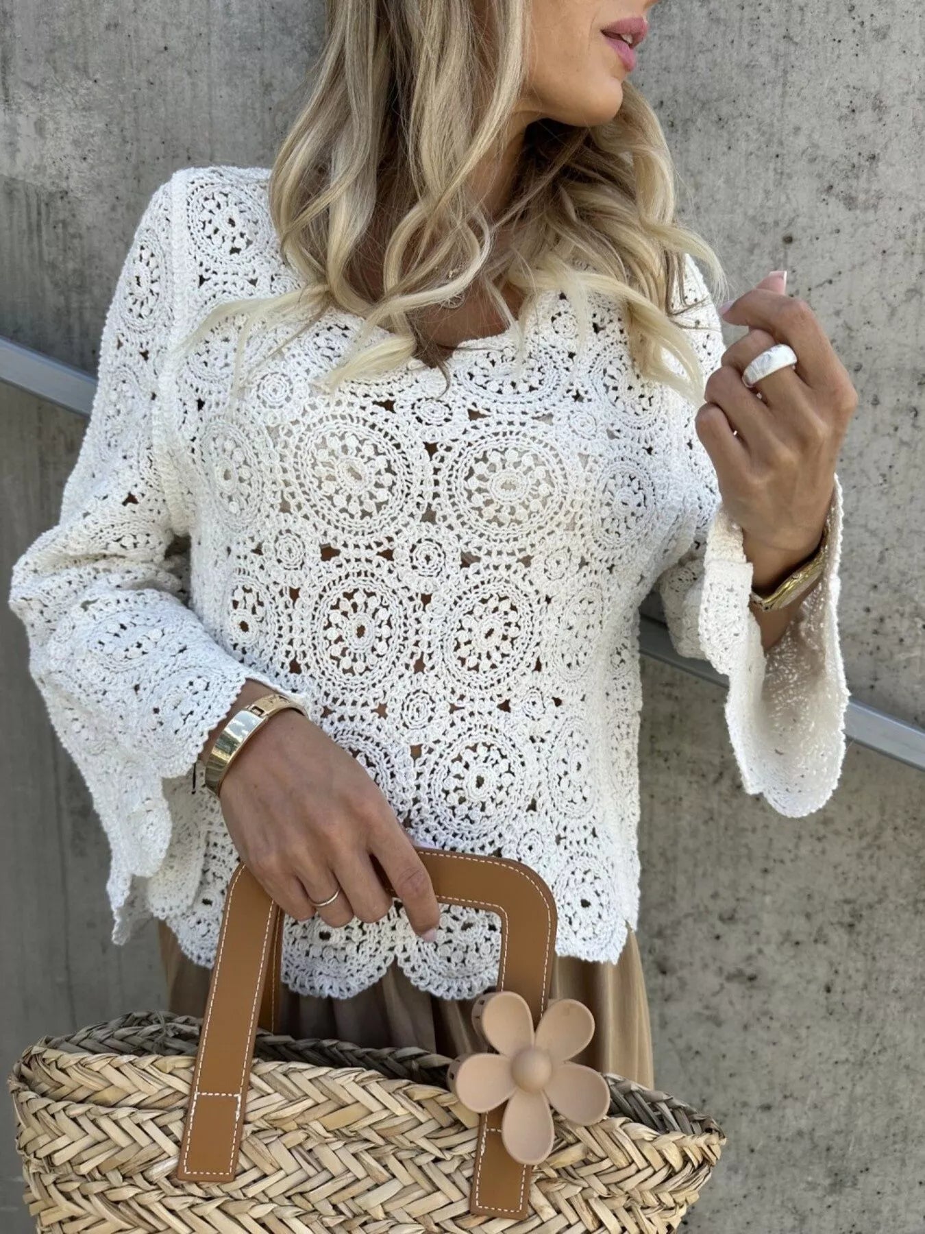 Boho Chic Open Neck Ruffle Knit Top
