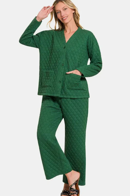 Soft Plush Long Sleeve Button Top and Pant Set - EasyApparels