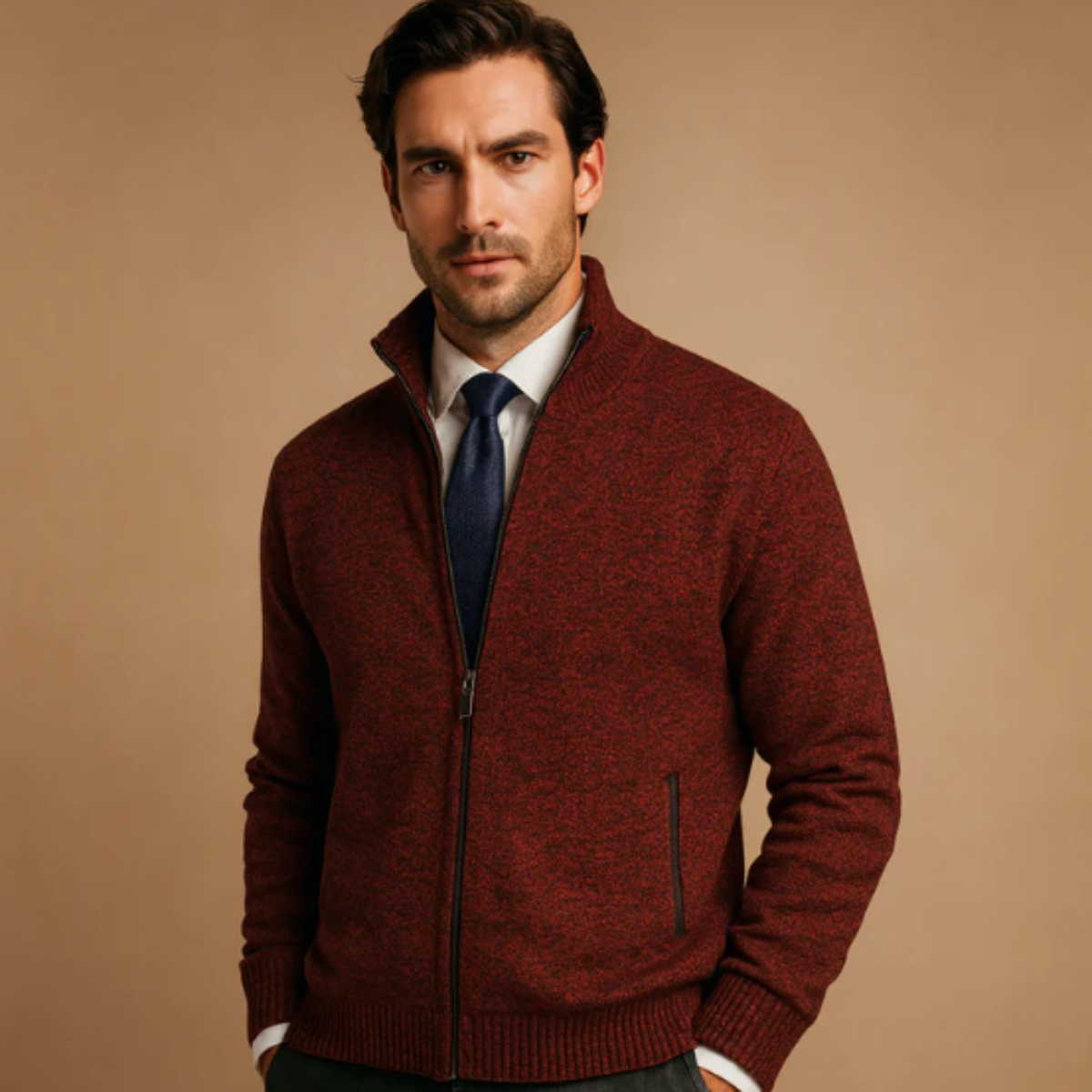 Warm Crew Neck Knitted Zip Men's Cardigan Sweater