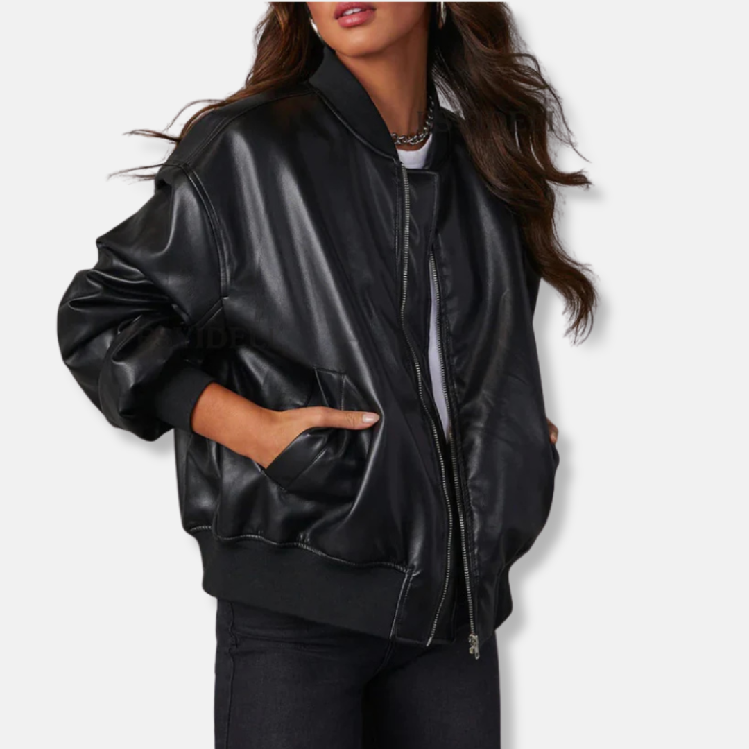 Ladies Genuine Leather Biker Jacket with Zip Front