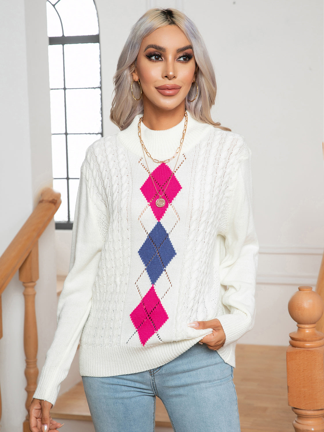 Lace Pattern Crew Neck Knit Sweater - EasyApparels