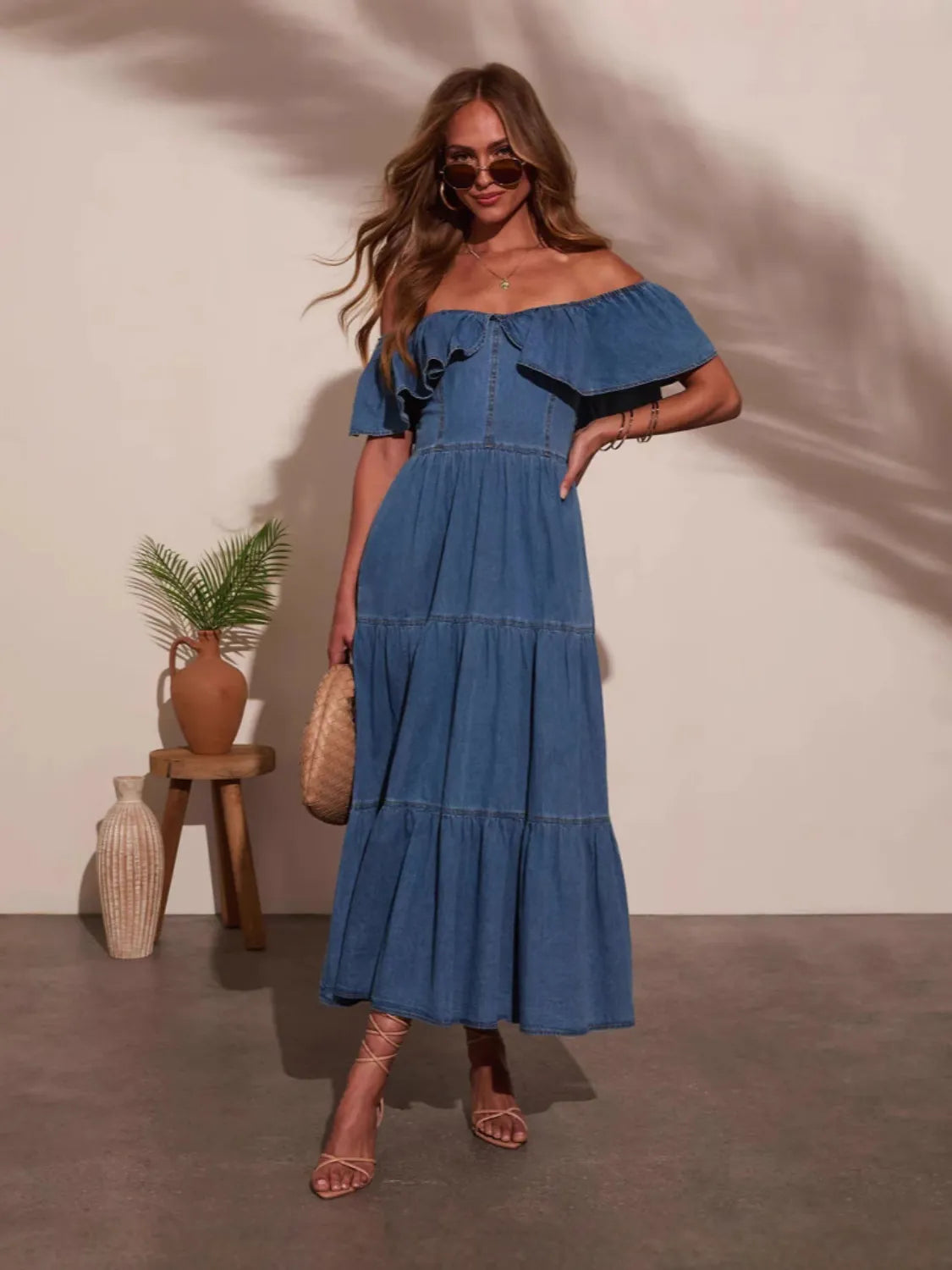 Chic Ruffled Layered Blue Jeans Dress - EasyApparels