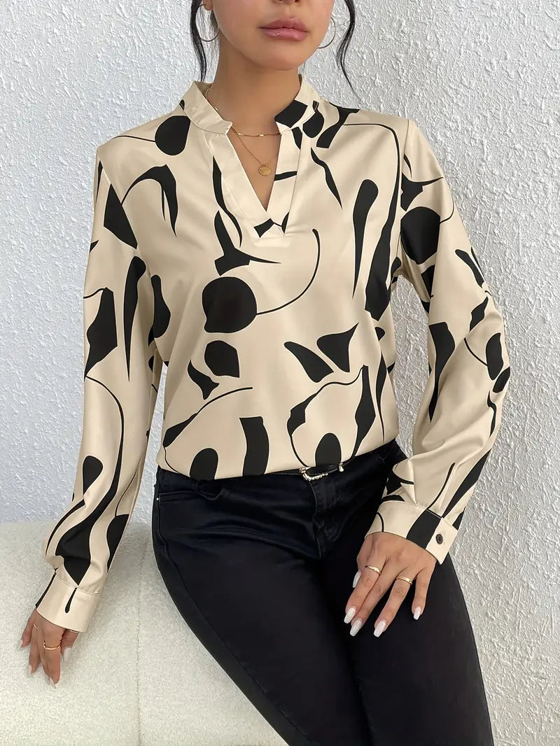 Relaxed Fit V-Neck Women's Long Sleeve Blouse
