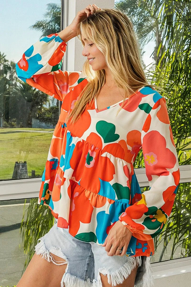 Pretty Floral Layered V Neck Blouse - EasyApparels