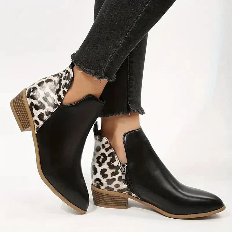 Ladies' Low Heel Ankle Boots with Zipper and Animal Print - EasyApparels