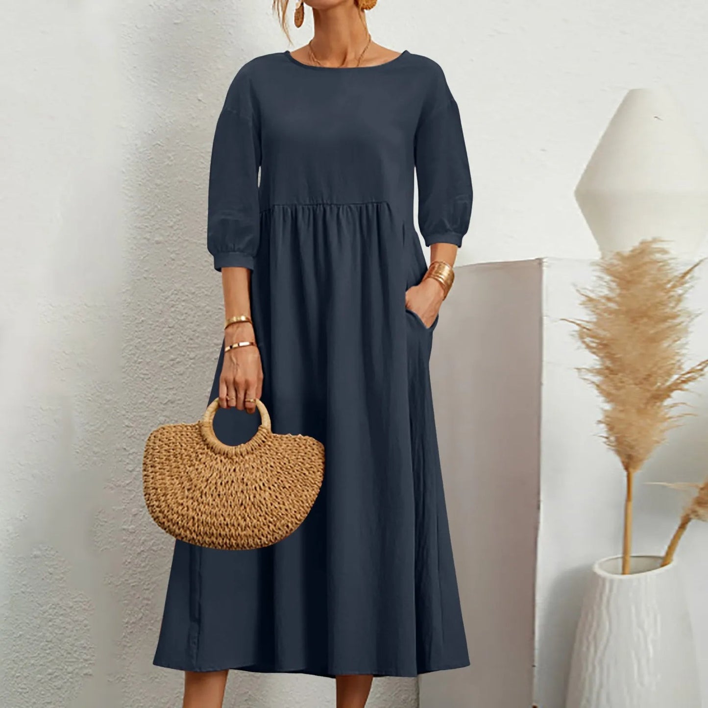 Comfy Relaxed Fit Patchwork Midi Dress