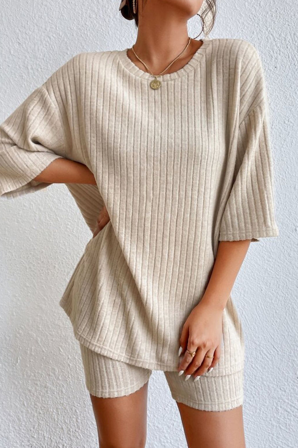 Comfortable Crew Neck Ribbed Loungewear Set