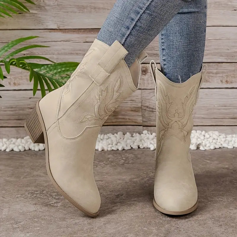 Stylish Embroidered Suede Mid Calf Boots