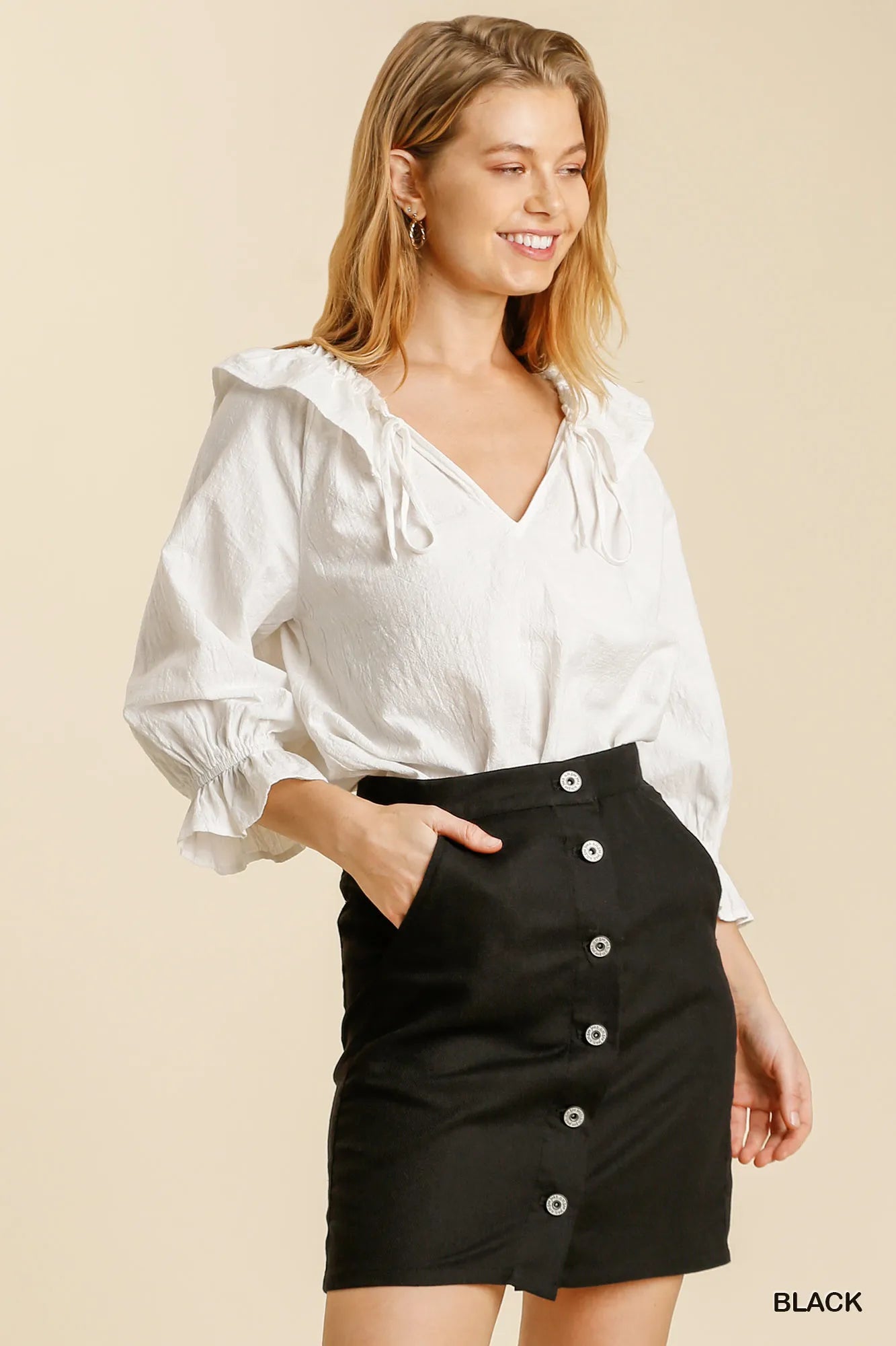 Casual Cotton Button Front Flowy Skirt with Pockets - EasyApparels