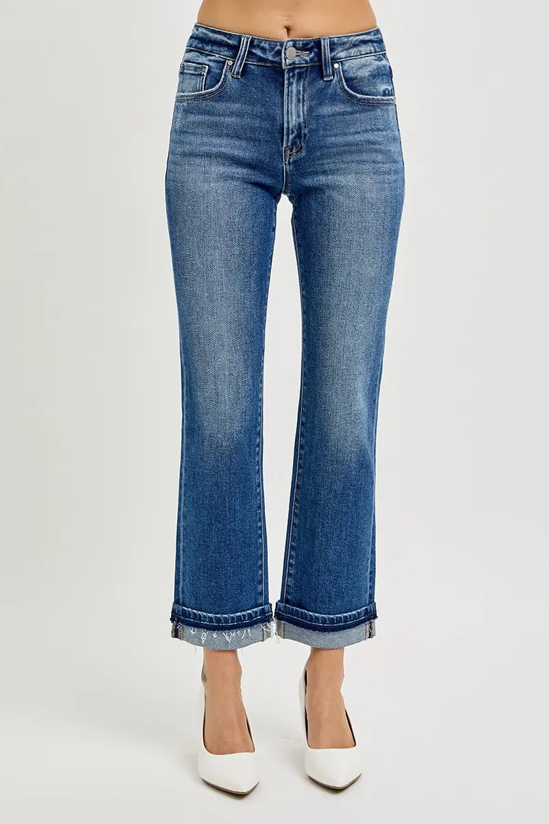 High Waist Straight Leg Cuffed Jeans - EasyApparels
