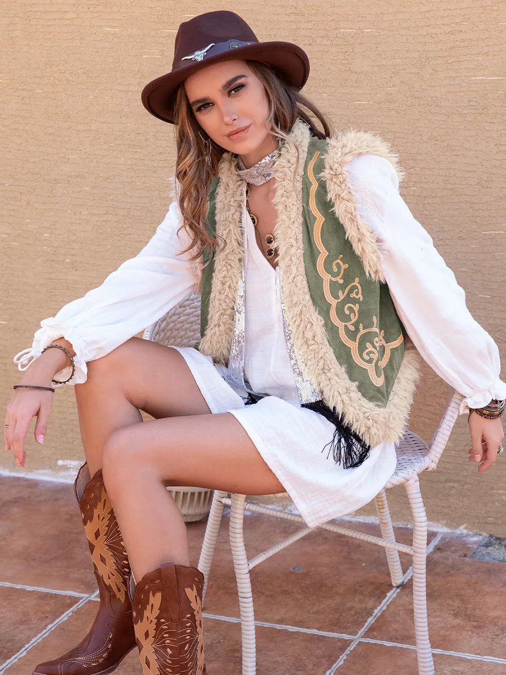 Plush Lined Open Front Fur Vest Coat - EasyApparels