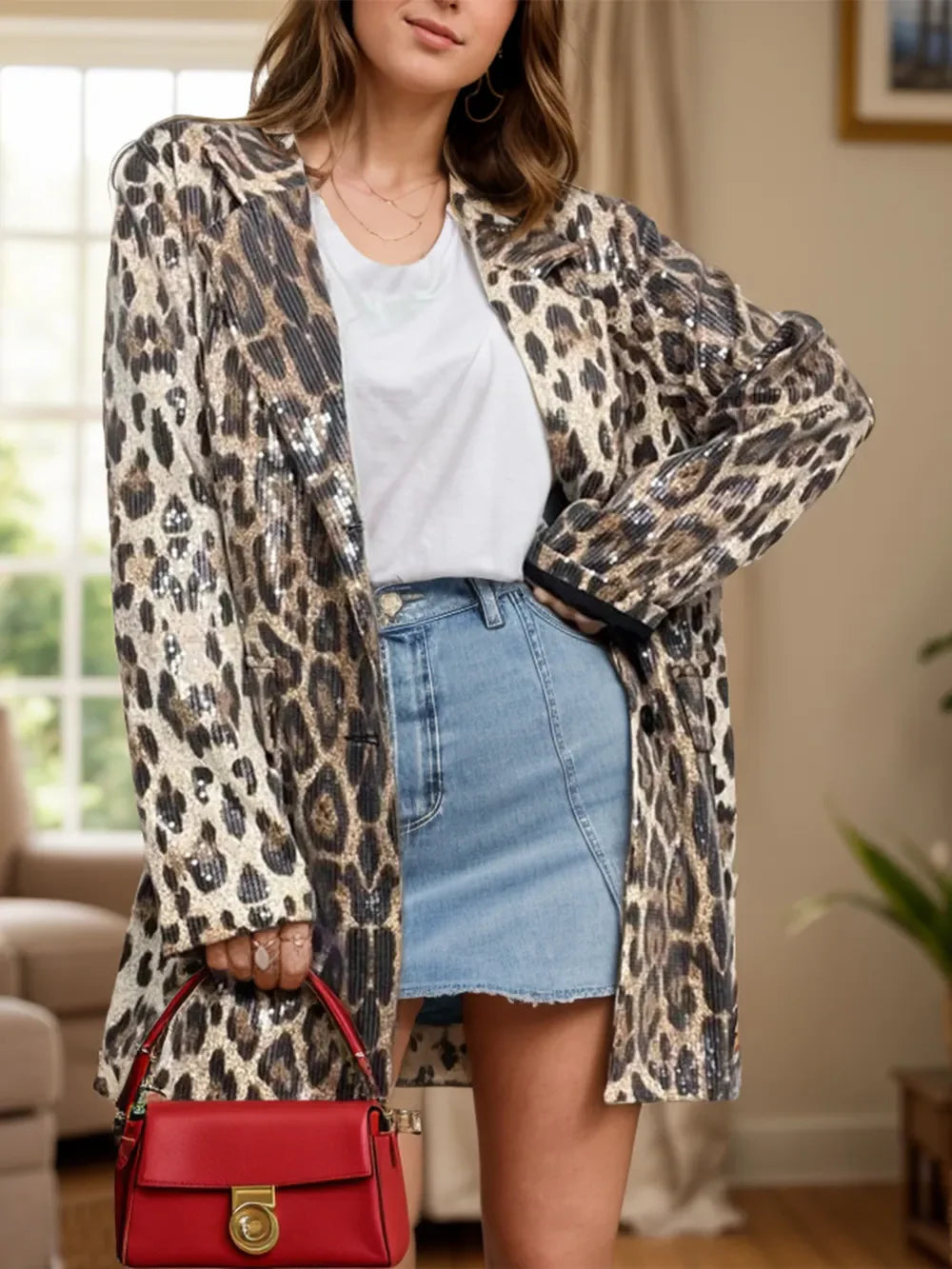 Animal Print Open Front Long Sleeve Blazer Jacket - EasyApparels