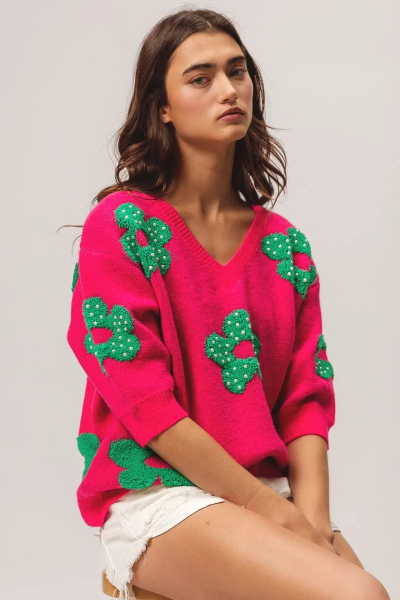 Pretty Floral Beaded Women's Sweater - EasyApparels