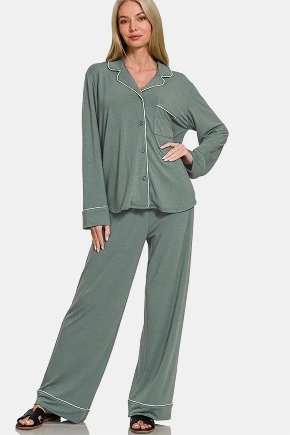 Relaxed Fit Button Down Pajama Set - EasyApparels
