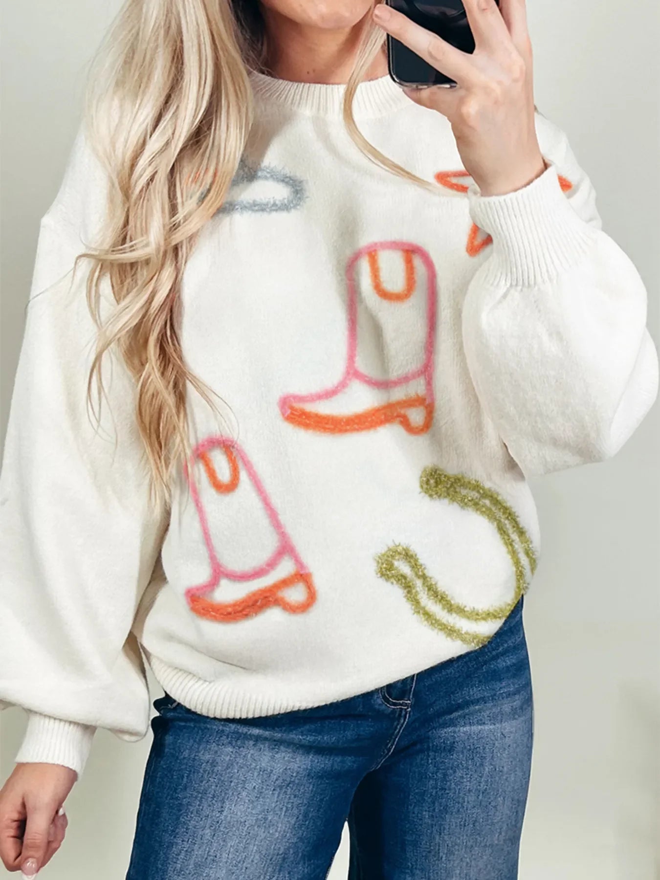 Rustic Boots Horse Embroidered Crew Neck Pullover Sweater - EasyApparels