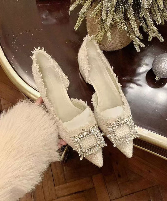 Bottes plates beige à bout pointu avec strass - EasyApparels