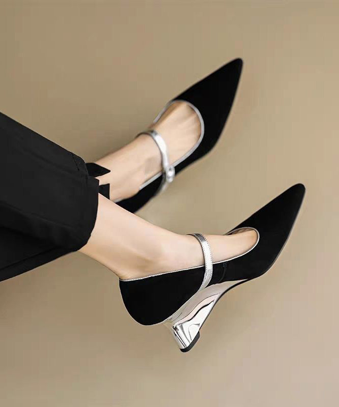 Chic Black Suede Heeled Ankle Boots with Buckle Detail - EasyApparels