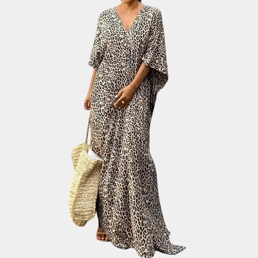 Relaxed Fit V-Neck Animal Print Maxi Dress