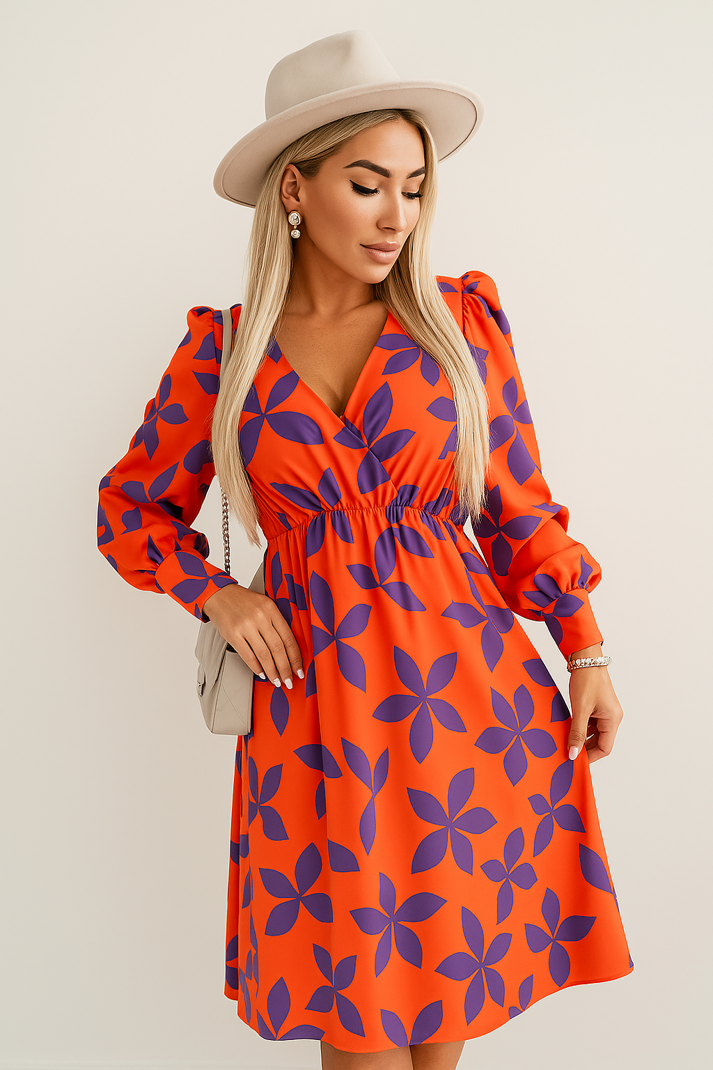 Ladies Floral V Neck Midi Dress with Puff Sleeves - EasyApparels