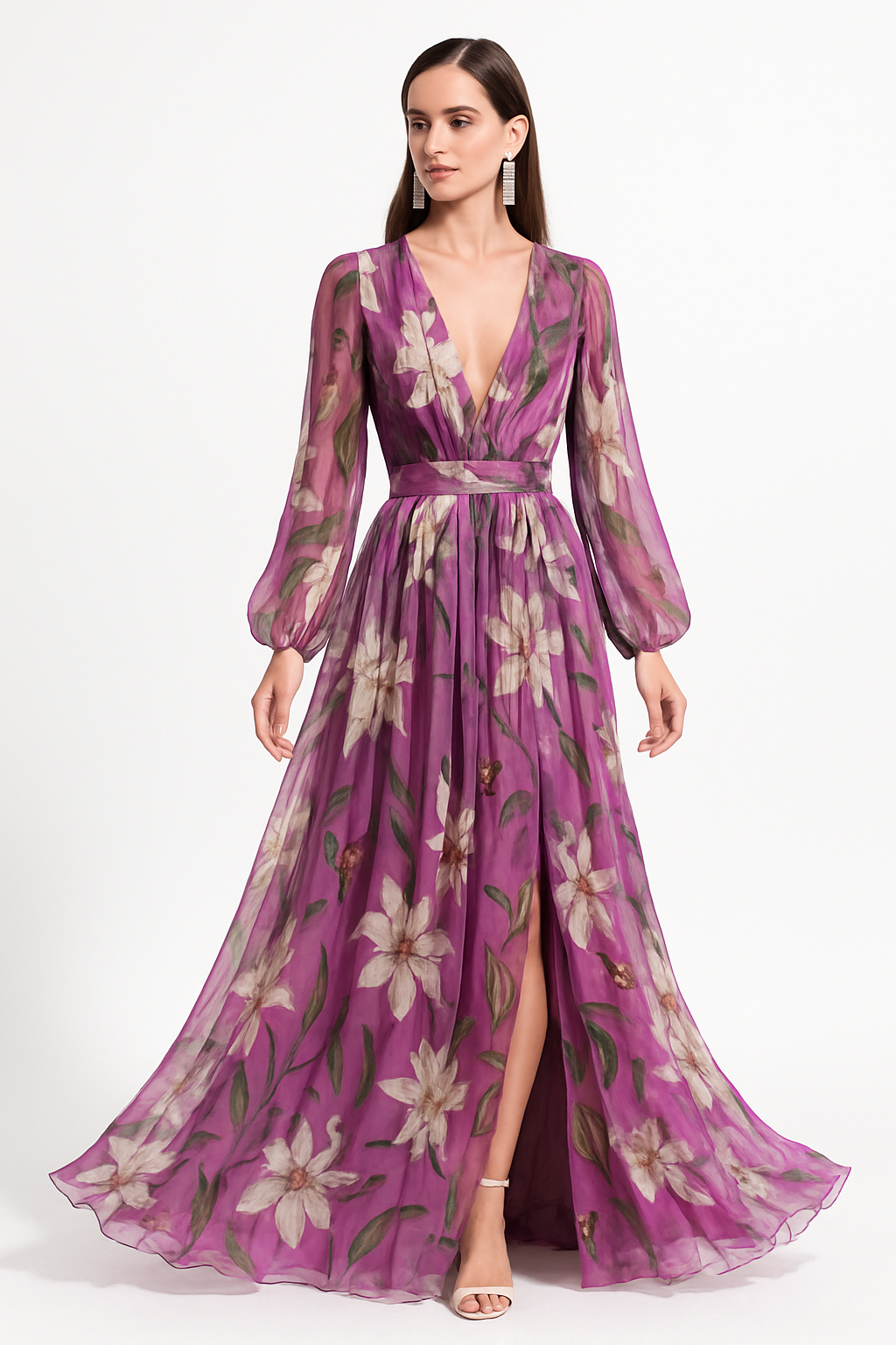 Lovely Floral Maxi Dress with Long Sleeves - EasyApparels