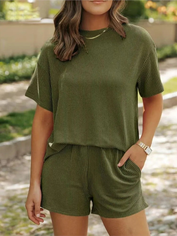 Soft Womens 2 Piece Shorts Set with Round Neck Top