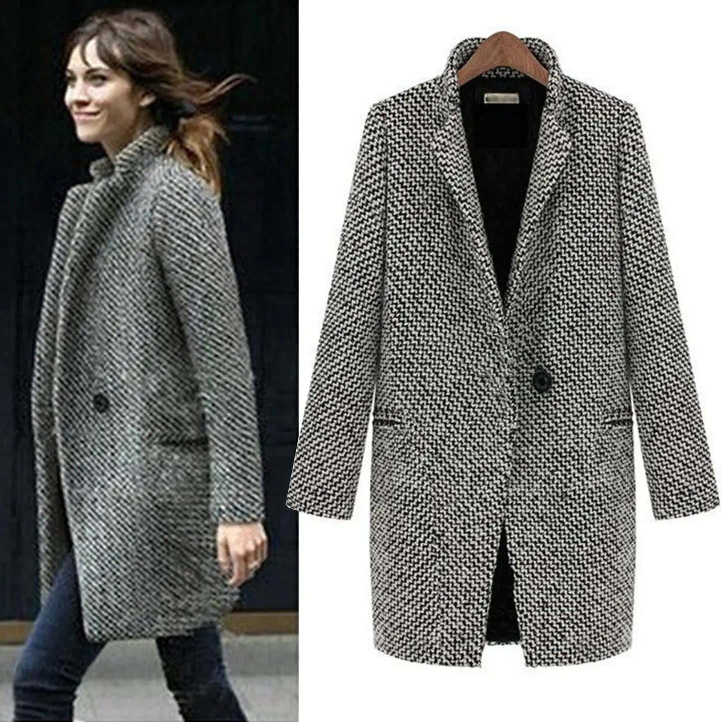 Classic Houndstooth Women's Winter Coat - EasyApparels