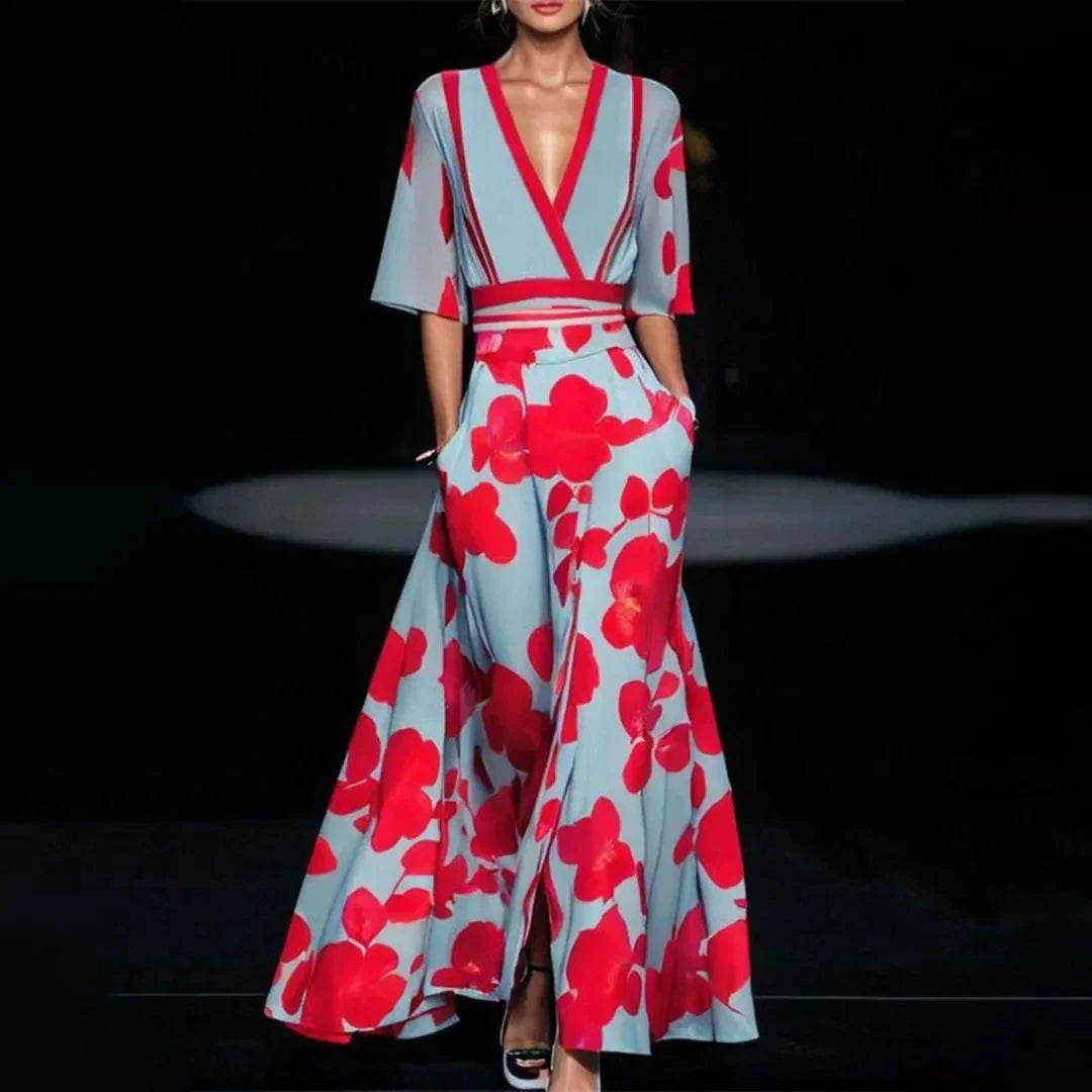 Beautiful Floral V Neck Long Dress - EasyApparels
