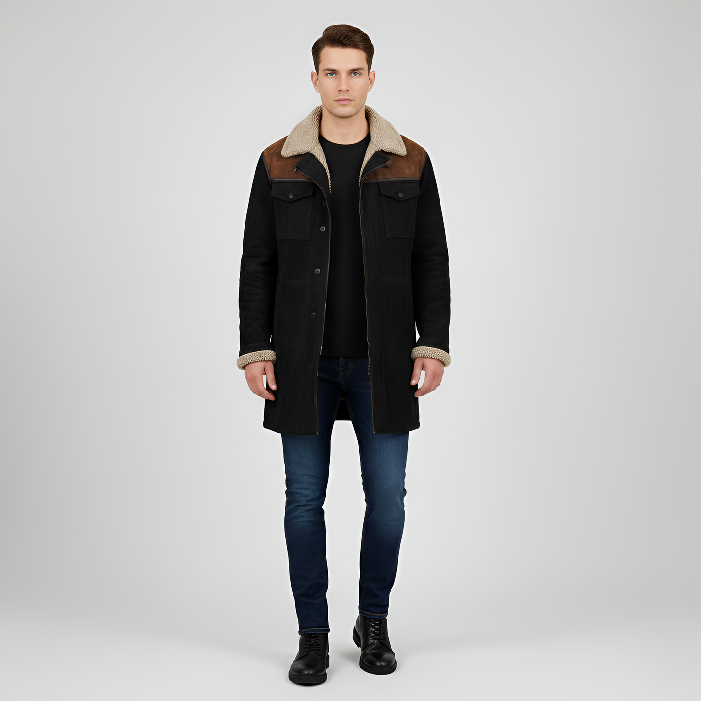 Warm Padded Mens Shearling Jacket with Buttons