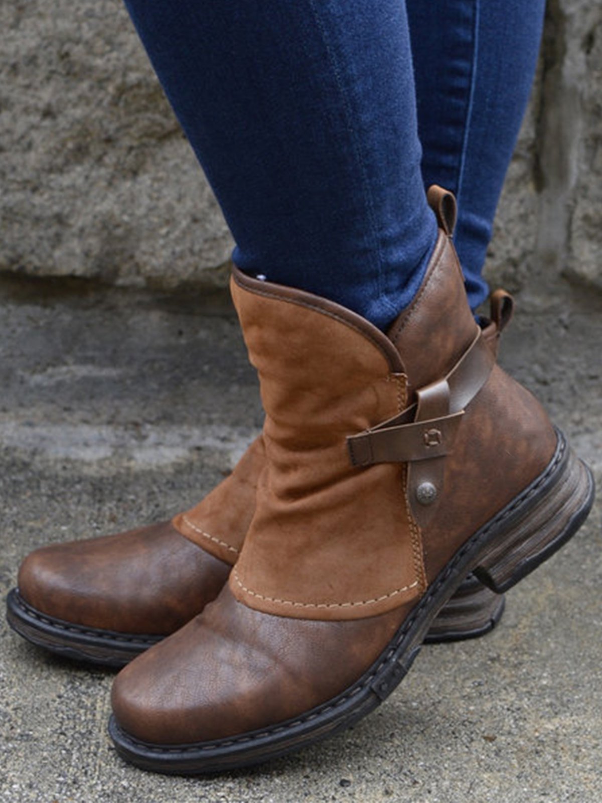 Ladies Low Heel Ankle Boots - Faux Leather - Round Toe - EasyApparels