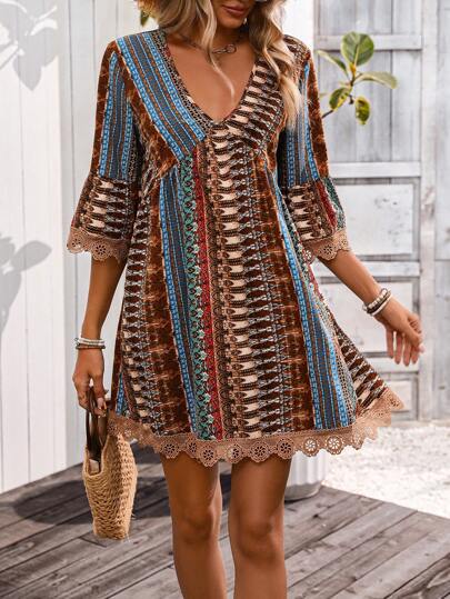 Floral V-Neck Summer Dress with Lace Trim