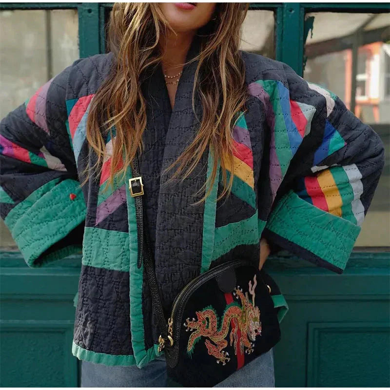 Women's Padded Coat – Relaxed Fit – Colorful Patch Jacket - EasyApparels