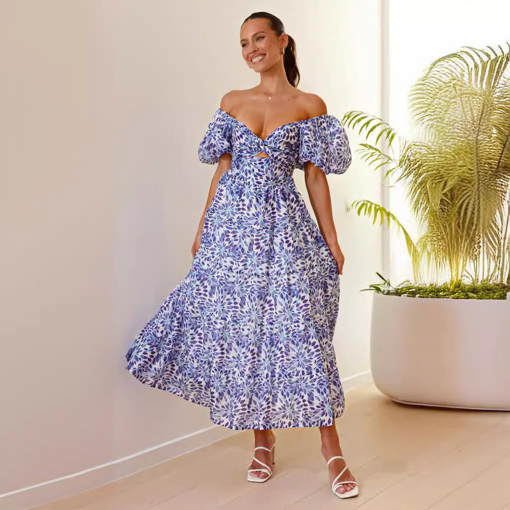 Women's Boho Off Shoulder Maxi Dress with Puff Sleeves