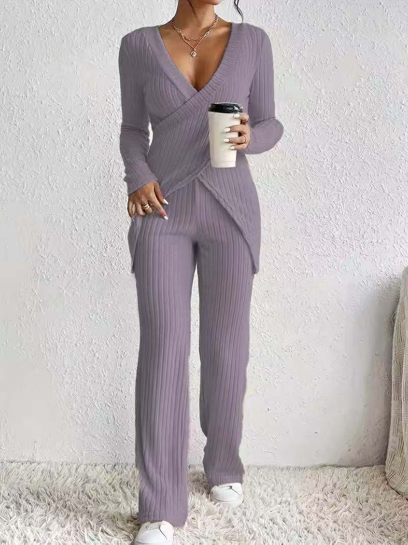 Soft Ribbed Top and Wide Leg Pants Set