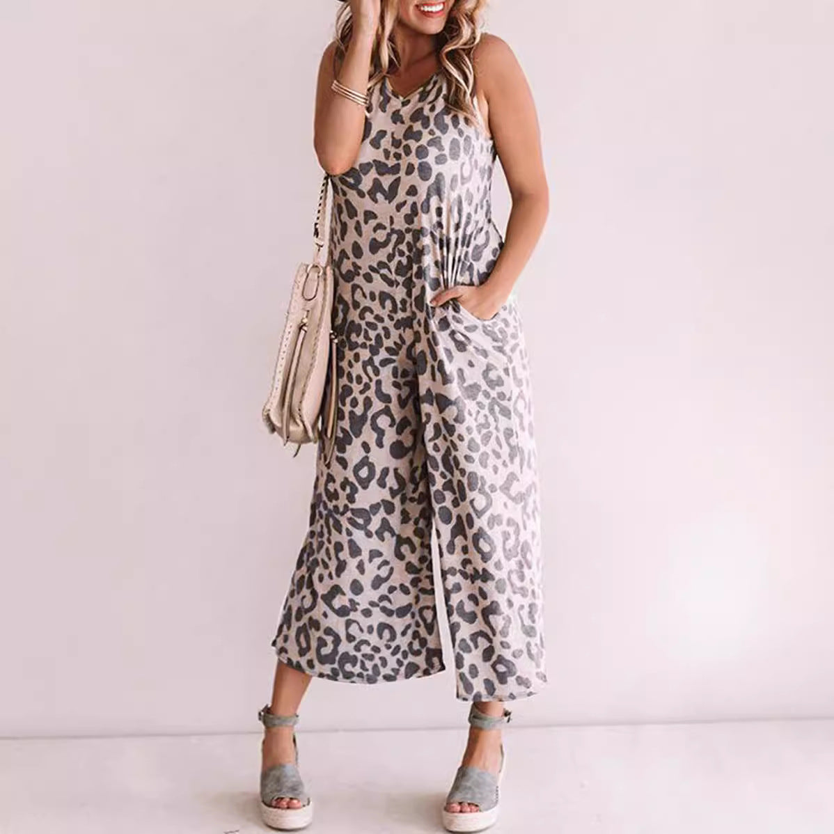Women's V-Neck Leopard Jumpsuit - EasyApparels