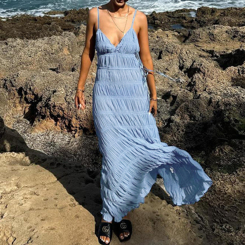 Flowy V Neck Maxi Dress with Open Back